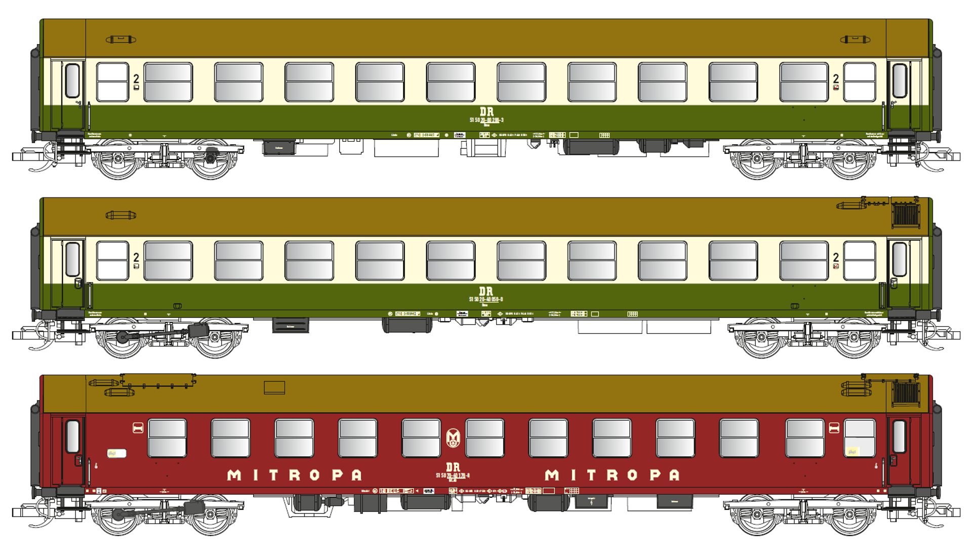 Tillig 502357-B - 3er Set Personenwagen, DR, Ep.IV, Set 3, mit Innenbeleuchtung