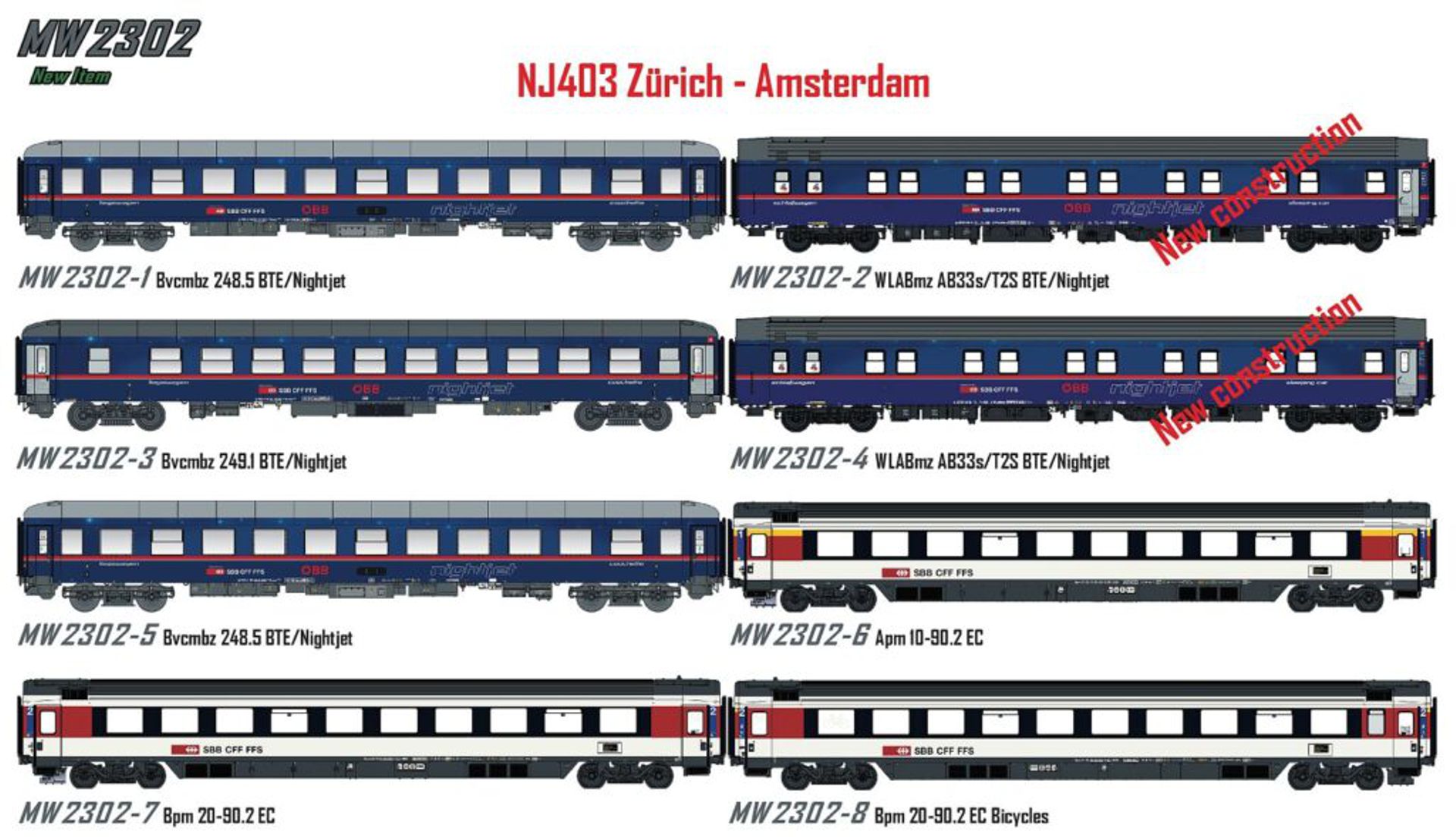 L.S. Models MW2302AC - 8er Set Nachtzugwagen NJ 403, ÖBB-Nightjet, Ep.VI, AC