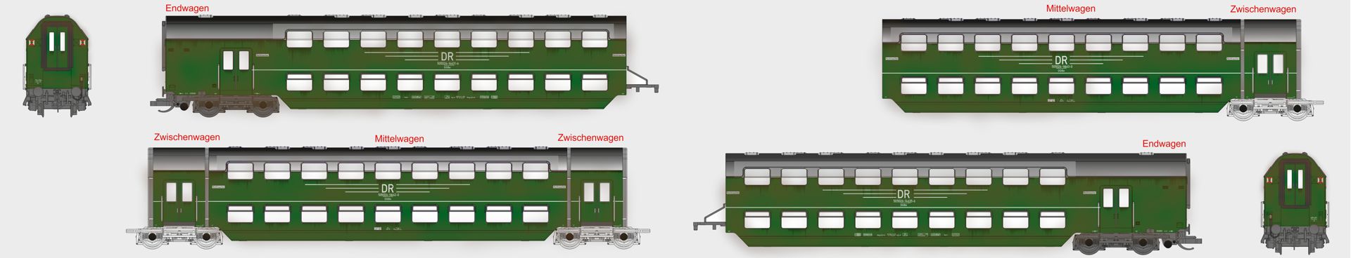 Kres 52033087 - Doppelstockgliederzug DGB 12, 4-teilig, DR, Ep.IV, verschmutzt, mit Innenbel., DC-Digital