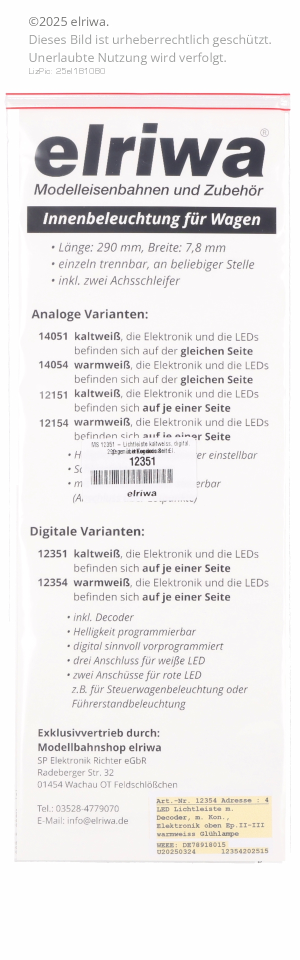 MS 12351 - Lichtleiste kaltweiss, digital, 290 mm mit Kondensator, El. gegenüberliegende Seite