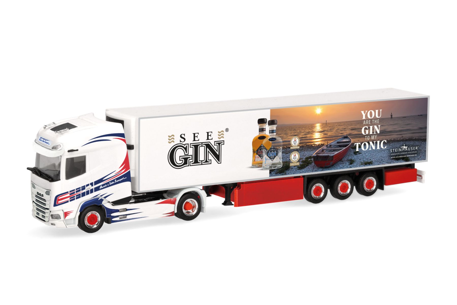 Herpa 319034 - DAF XG+ Kühlkoffer-Sattelzug "Aurich & Sohn Transport GmbH/SEE GIN"