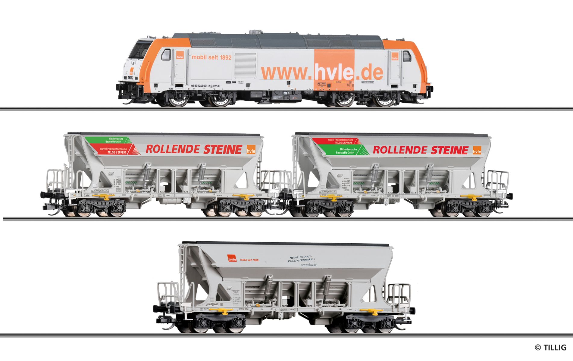 Tillig 01083 - Zugset 'Schottertransport der HVLE' mit BR 246 und Faccns, HVLE, Ep.VI