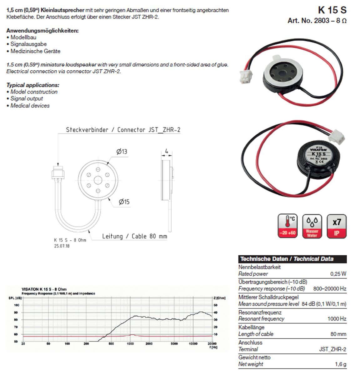 Visaton 2803 - K 15 S - Kleinlautsprecher, D = 1,5 cm, 8 Ohm