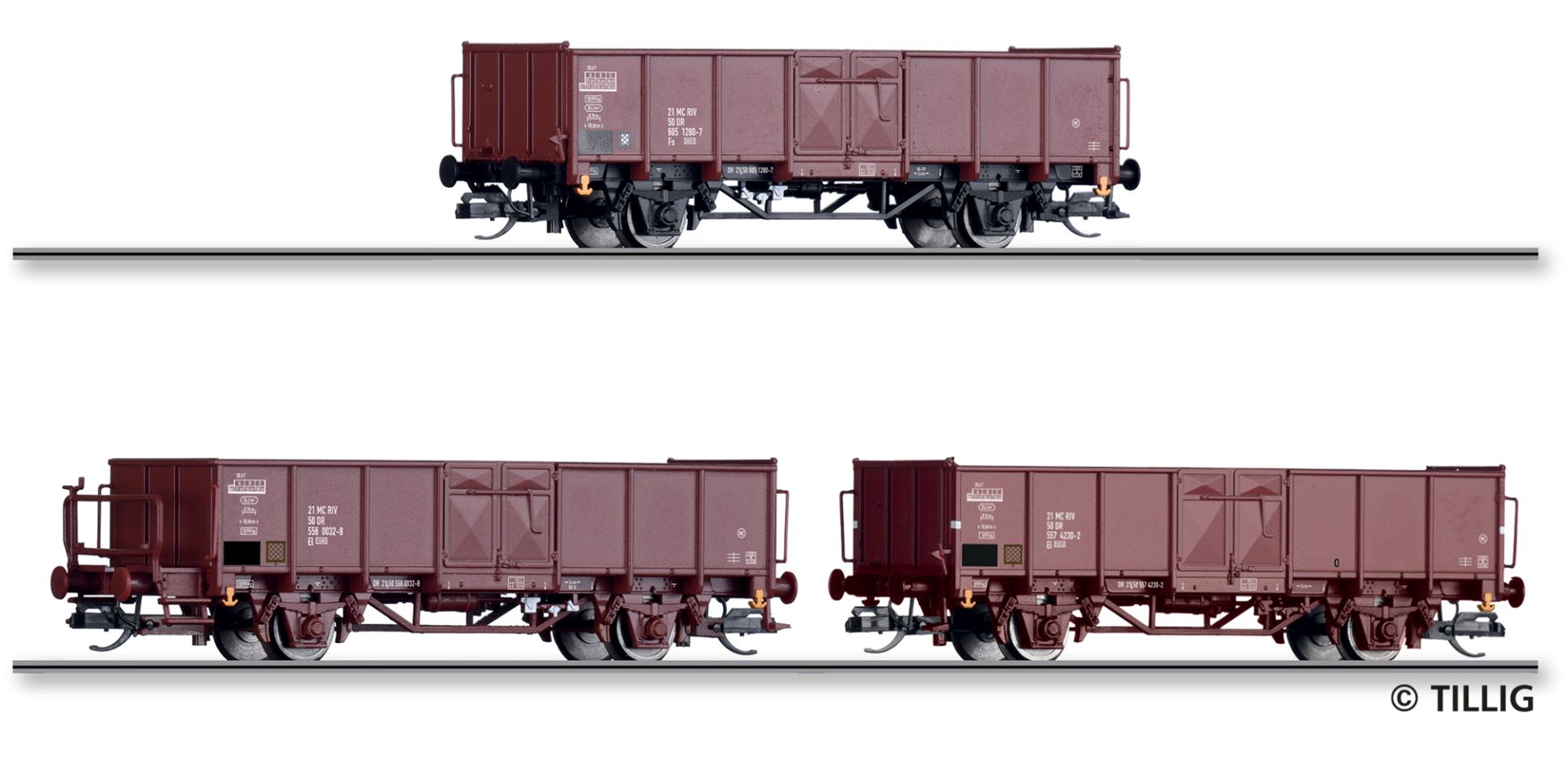 Tillig 01077 - 3er Set offene Güterwagen, DR, Ep.IV