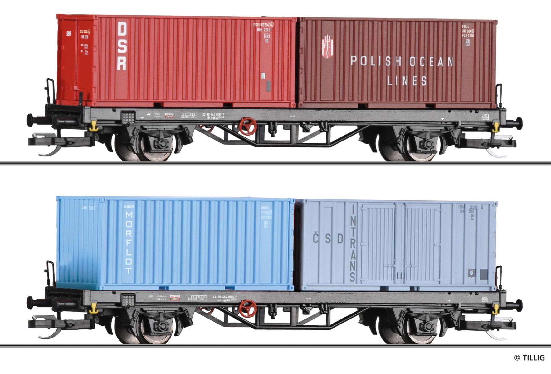 Tillig 01090 - 2er Set Containertragwagen Lgkks 4444 mit 20‘ Containern, DR, Ep.IV