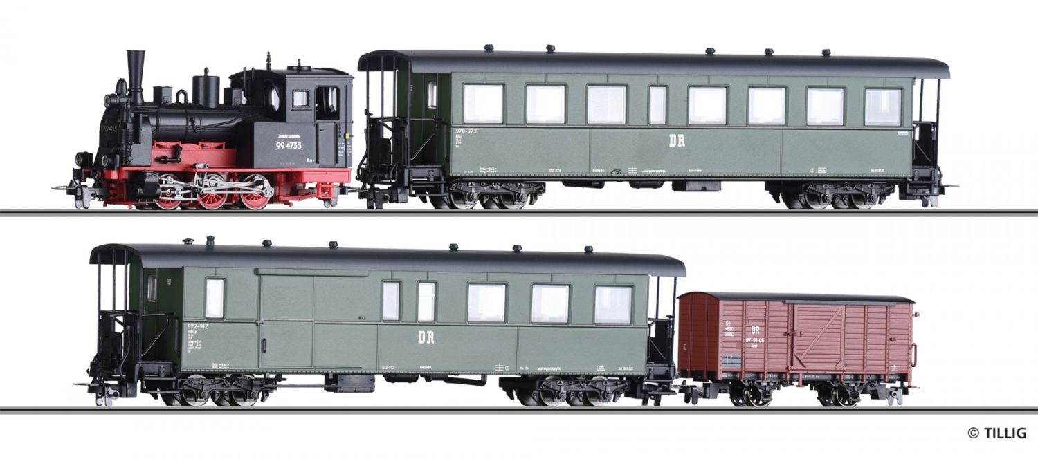 Tillig 01173 - Zugset mit Dampflok 99.47 und 3 Wagen, DR, Ep.III