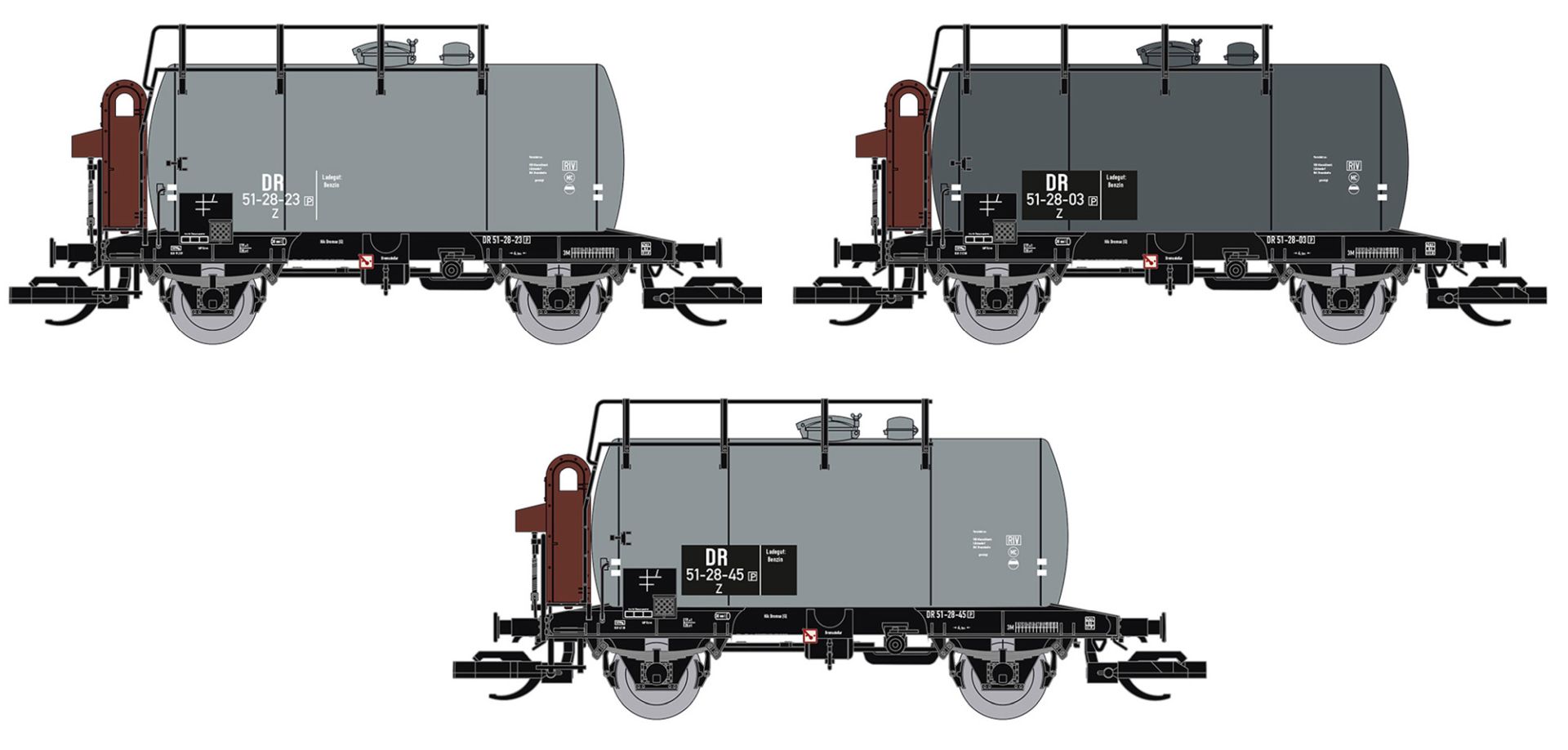 Saxonia 120112-2 - 3er Set Kesselwagen 'Deutz' mit Bremserhaus, DR, Ep.III, grau