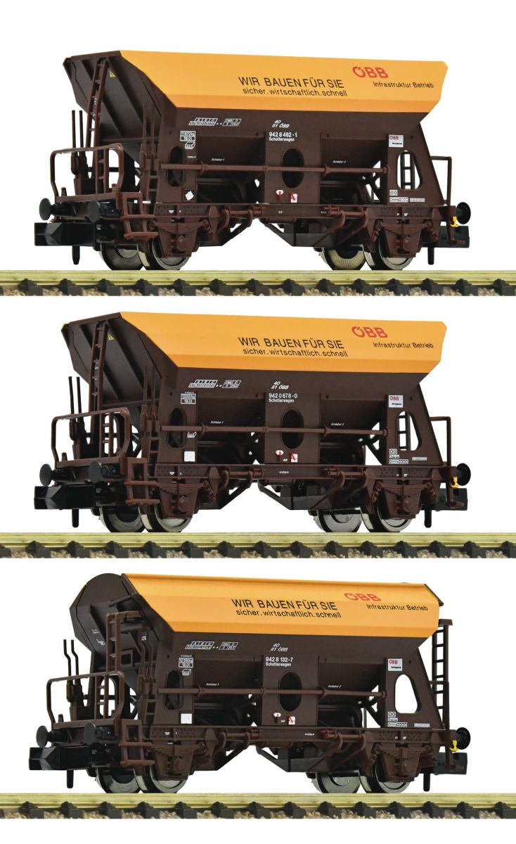 Fleischmann 6660057 - 3er Set Schotterwagen, ÖBB, Ep.V-VI 'Wir bauen für Sie'