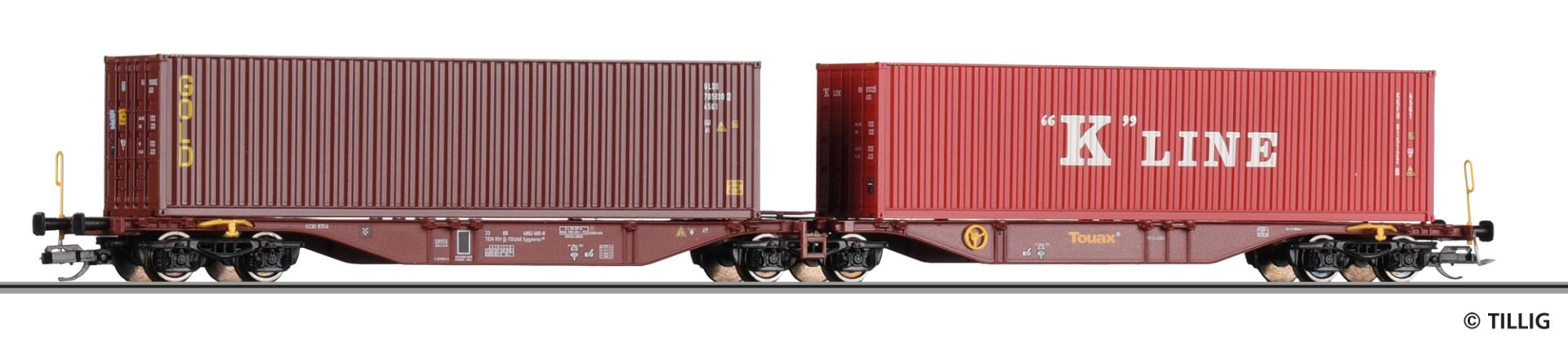 Tillig 18070 - Containertragwagen Sggmrss, Touax, Ep.VI 'K-LINE, GOLD'