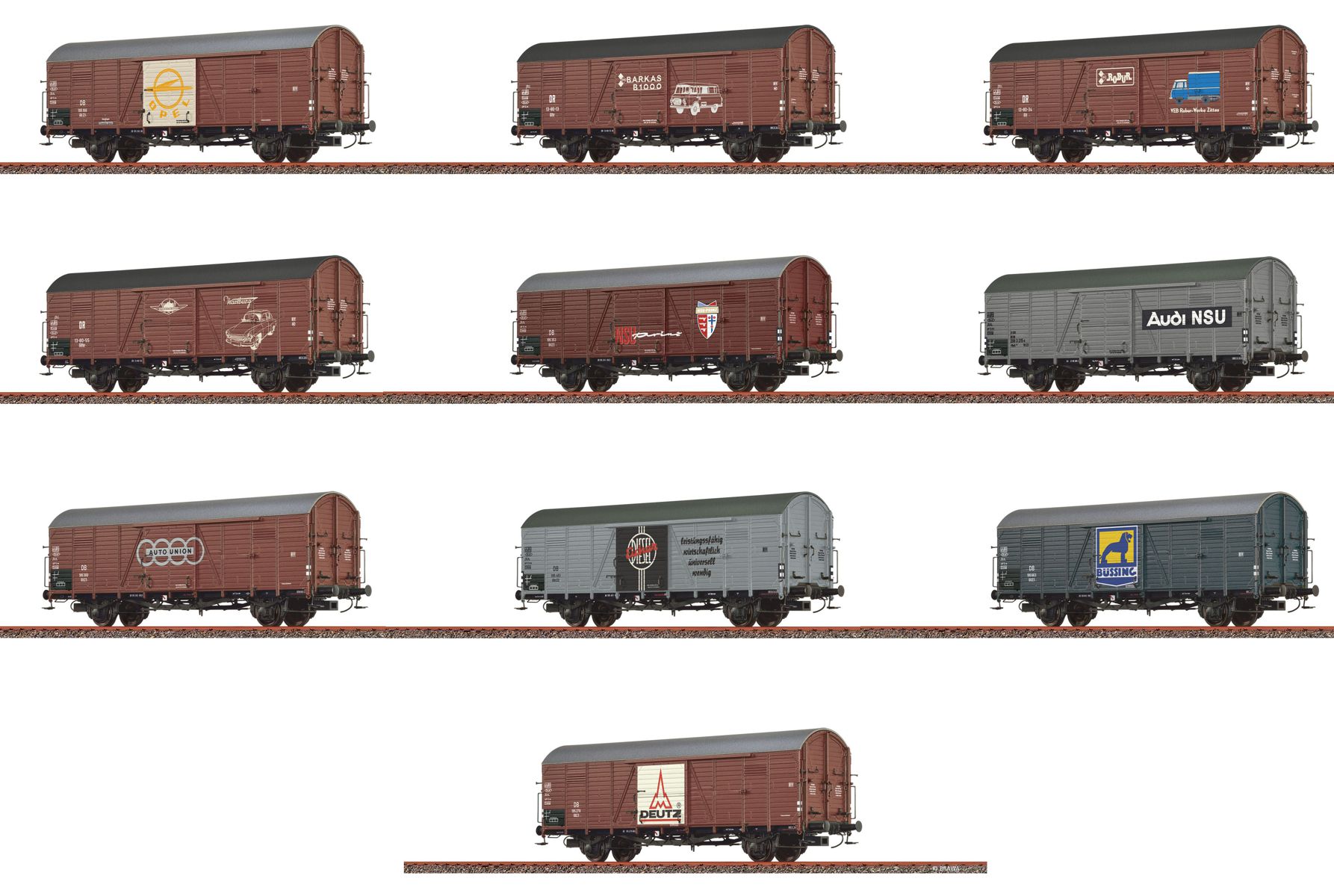 Brawa 50824 - 10er Set gedeckte Güterwagen mit Automarken, Ep.III-IV, DC-Radsätze