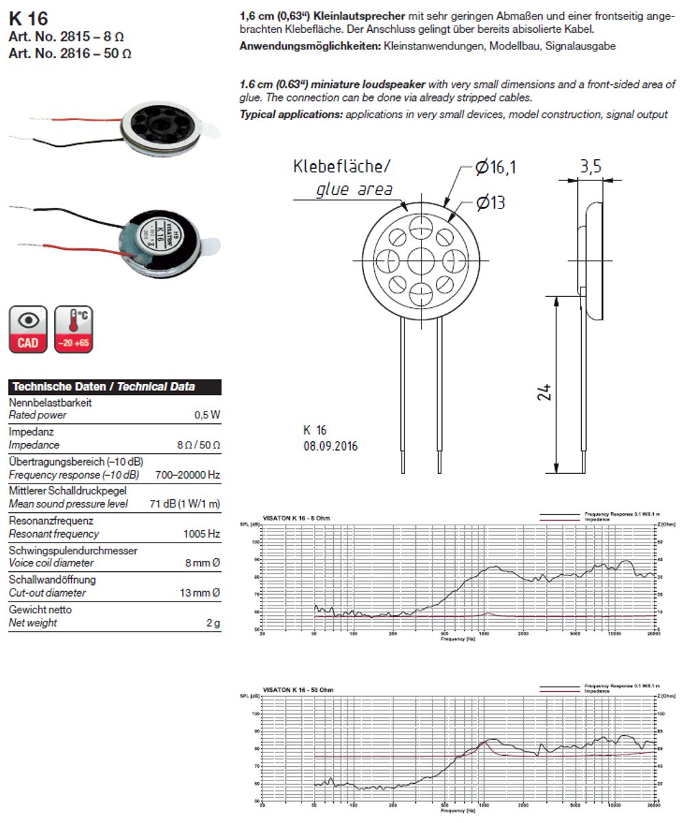 Visaton 2815 - K 16 - Kleinlautsprecher, D = 1,6 cm, 8 Ohm