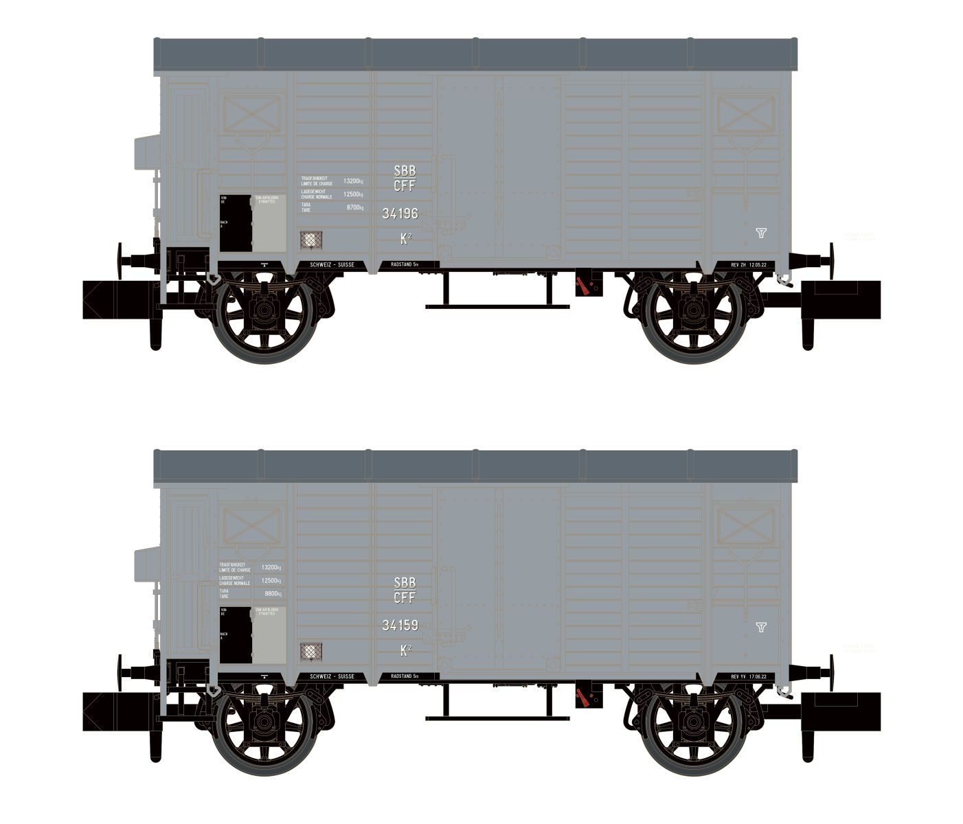 Hobbytrain H24204 - 2er Set gedeckte Güterwagen K2, SBB, Ep.II