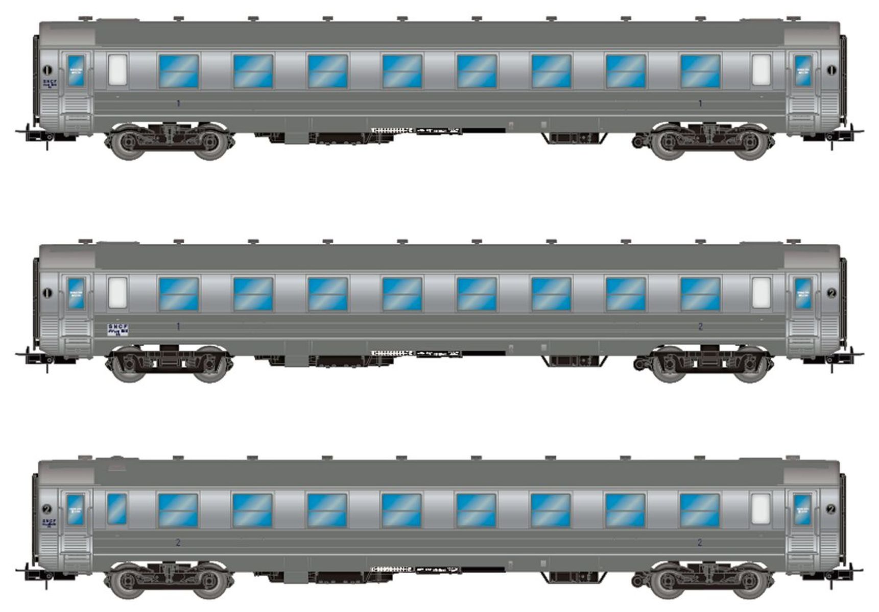 Jouef HJ4174 - 3er Set DEV Inox Reisezugwagen, 1x A8, 1x A3B5, 1x BRT, SNCF, Ep.III