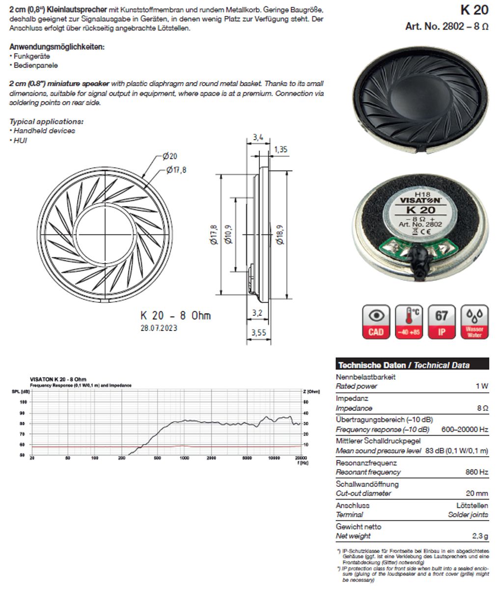 Visaton 2802 - K 20 - Kleinlautsprecher, D = 2 cm, 8 Ohm