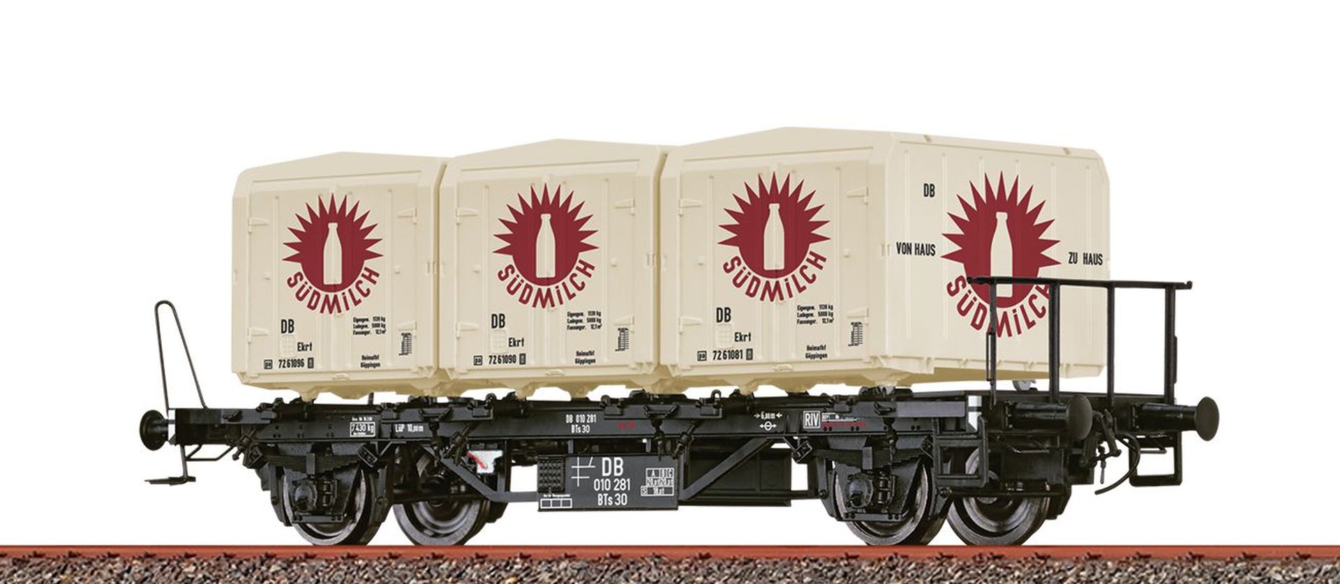 Brawa 50917 - Behältertragwagen BTs30, DB, Ep.III 'Südmilch' Brawa 50917 - Behältertragwagen BTs30, DB, Ep.III 'Südmilch'