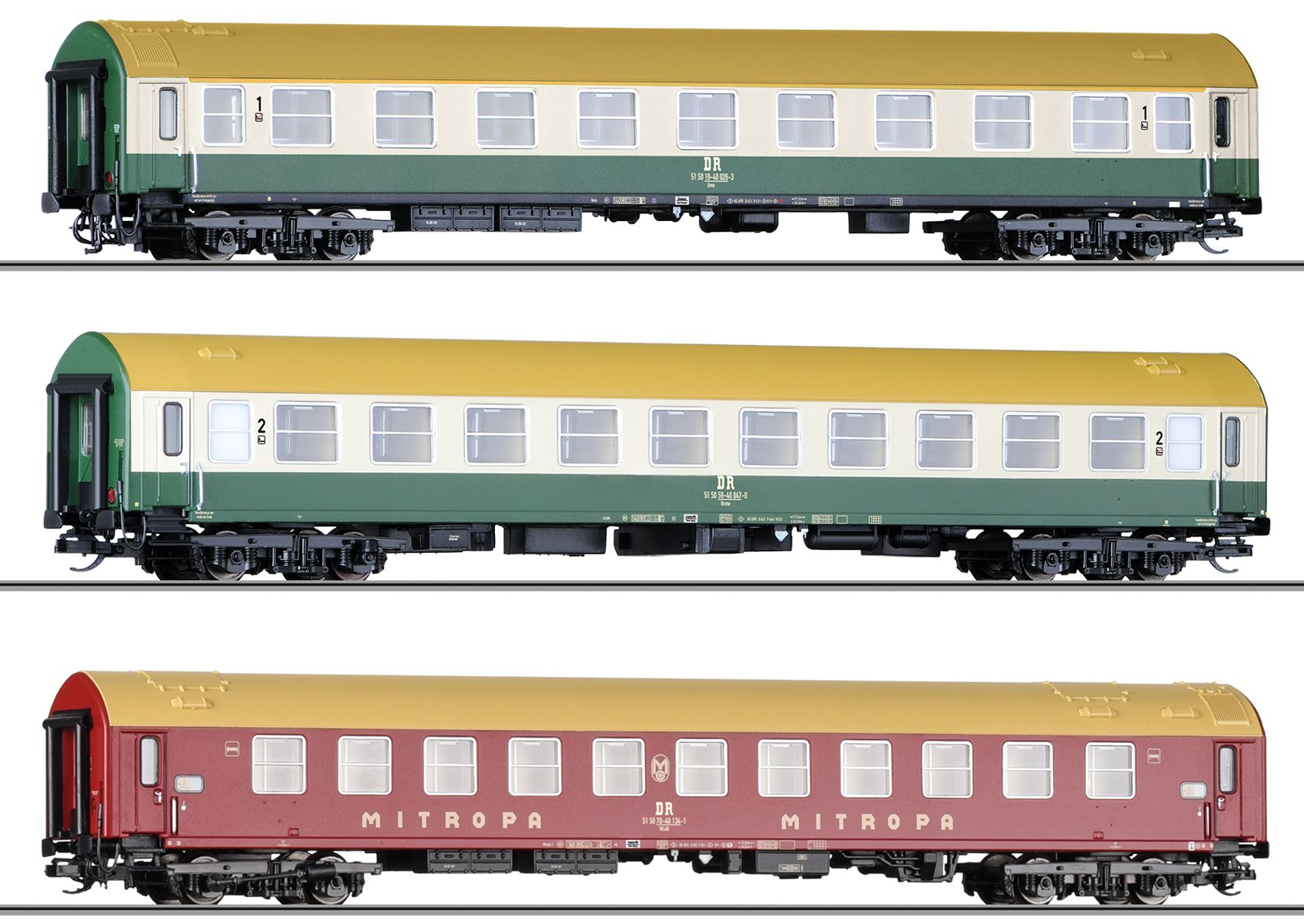 Tillig 502356-B - 3er Set Personenwagen, DR, Ep.IV, Set 2, mit Innenbeleuchtung