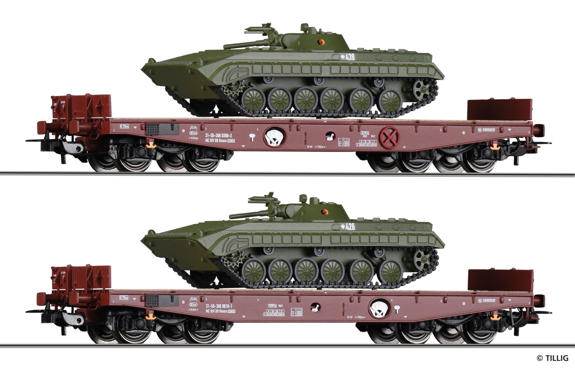 Tillig 70058 - 2er Set Schwerlastwagen Rmms 3960 mit zwei Panzern, DR, Ep.IV 'NVA'