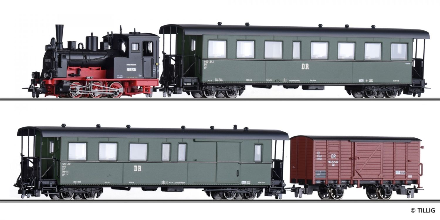 Tillig 01172 - Zugset mit Dampflok 99.57 und 3 Wagen, DR, Ep.III