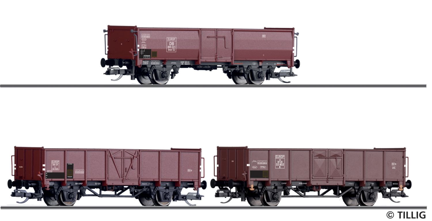 Tillig 01036 - 3er Set offene Güterwagen mit Steinkohleladung, DB, SBB, DSB, Ep.III