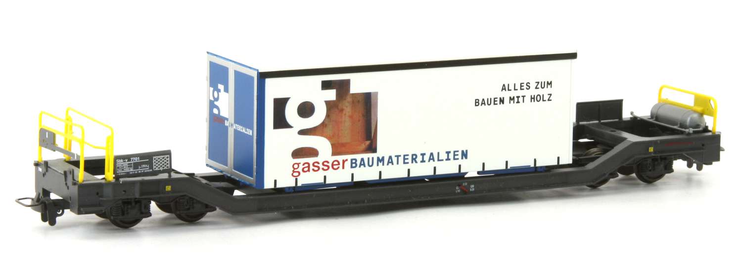 Bemo 2289161 - Containertragwagen Sbk-v 7701 mit Planenbehälter 'Gasser', RhB, Ep.VI, RhB, Ep.VI