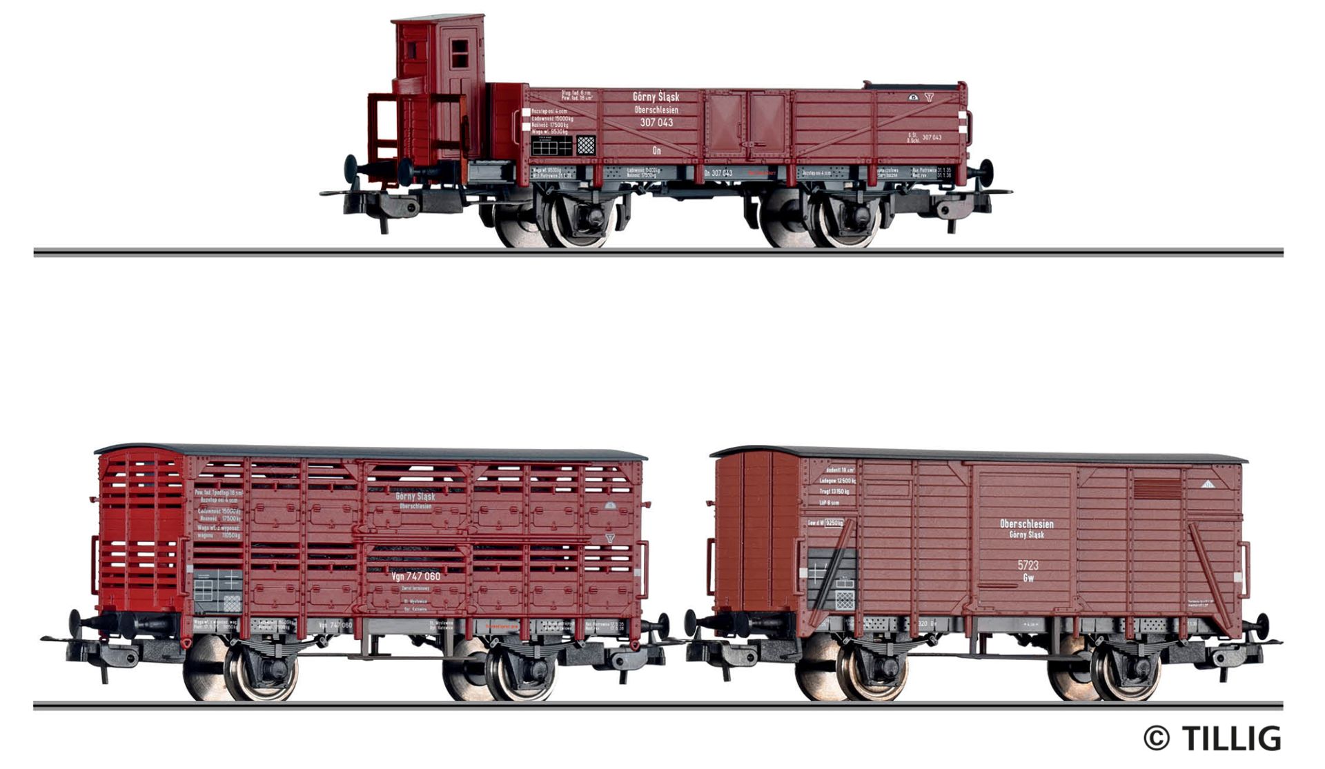 Tillig 70067 - 3er Set offene Güterwagen, Gorny Slask / Oberschlesischen Eisenbahn, Ep.II