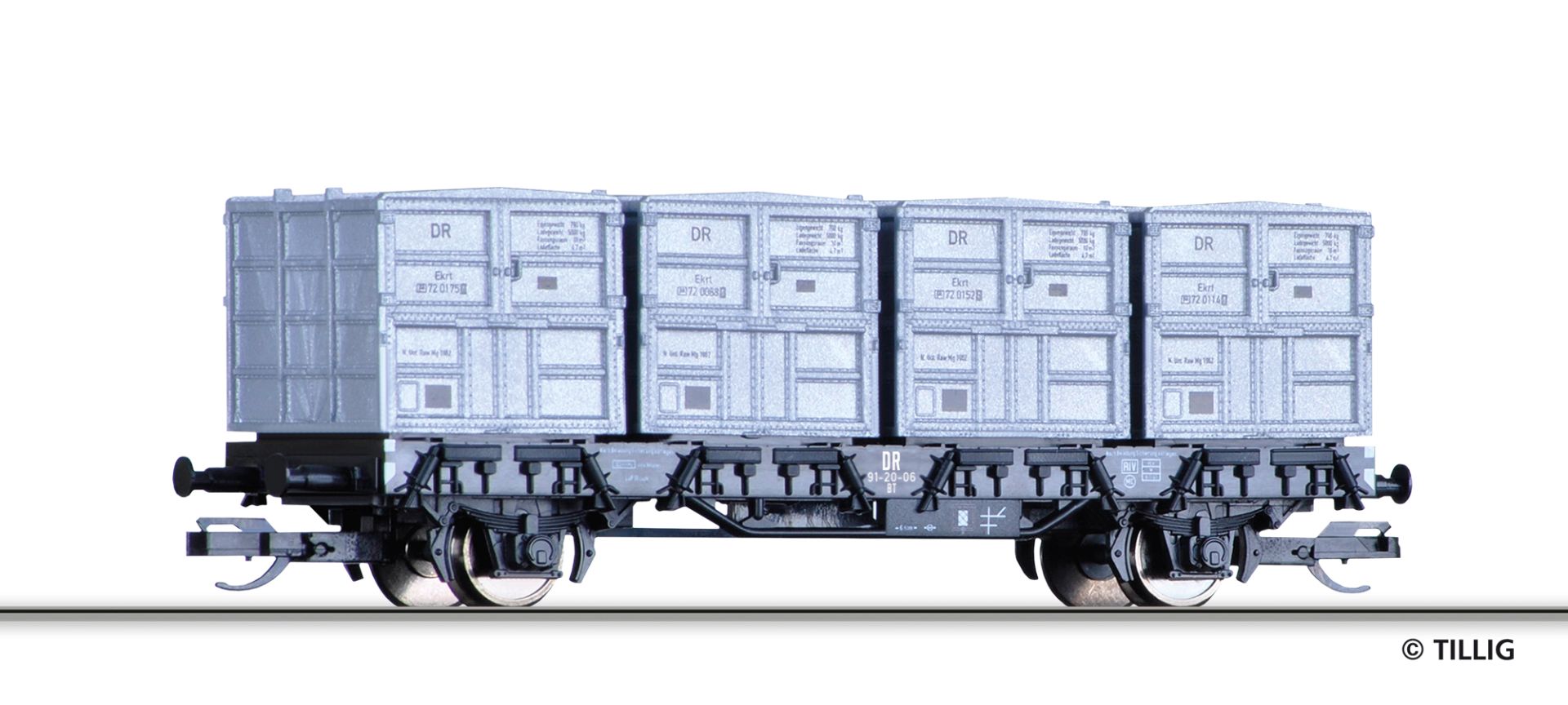Tillig 14913 - Behältertragwagen BT mit vier Haus-zu-Haus Behältern, DR, Ep.III