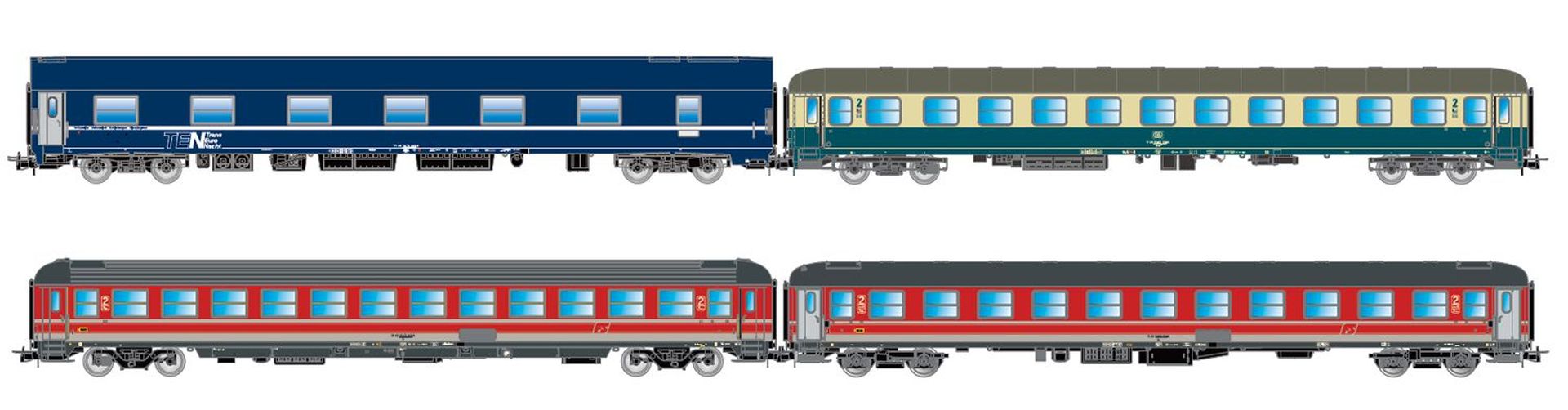 Rivarossi HR4374 - 4er Set Personenwagen 'Italien-Holland-Express', FS, DB, NS, Ep.V