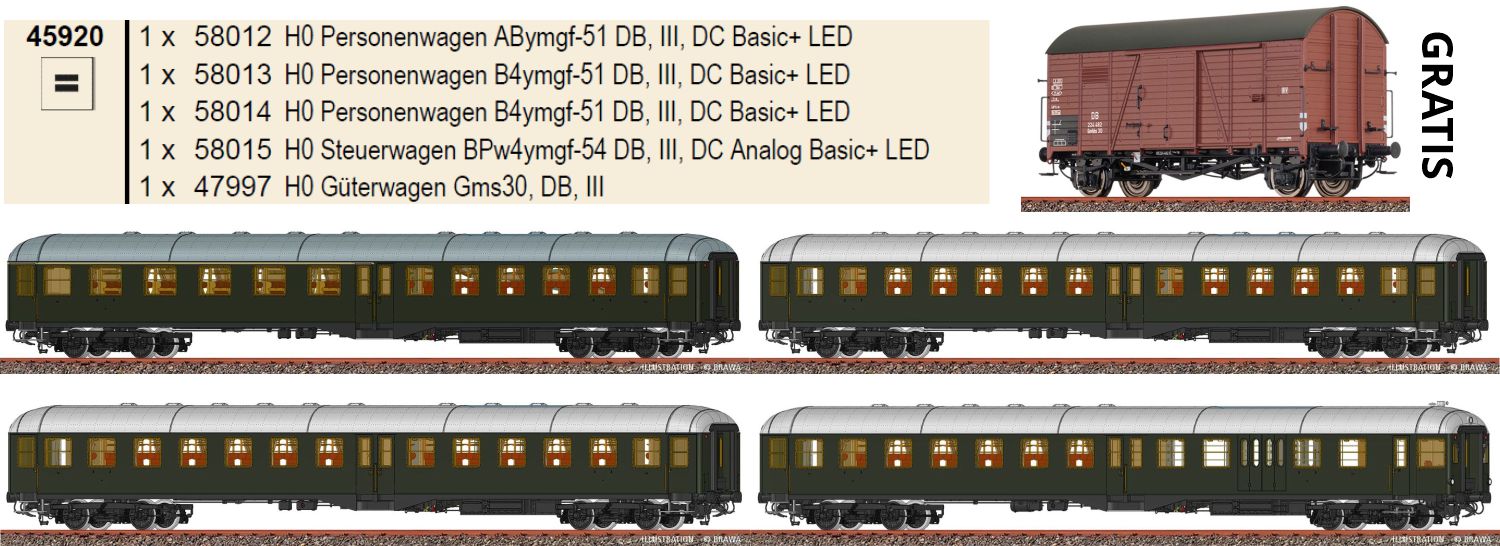 Brawa 45920 - Sparset 'Mitteleinstiegswagen', DB, Ep.III, DC, LED, inkl. Güterwagen Gms30 gratis