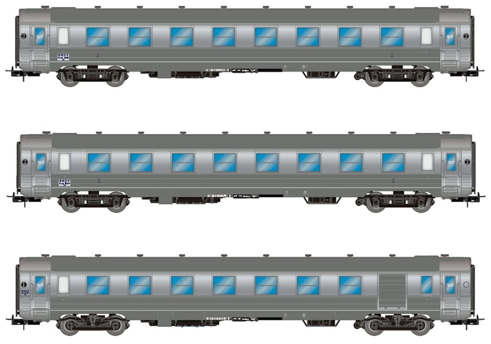 Jouef HJ4175 - 3er Set DEV Inox Reisezugwagen, 2x B8, 1x A6D, SNCF, Ep.III