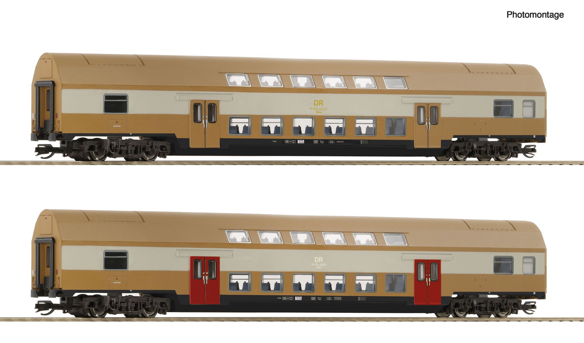 Roco 6280015-DB - 2er Set Dosto Senftöpfe RAL 8000, DR, Ep.IV, 2 Mittelwagen, Versuckslackierung, digitale Innenbeleuchtung