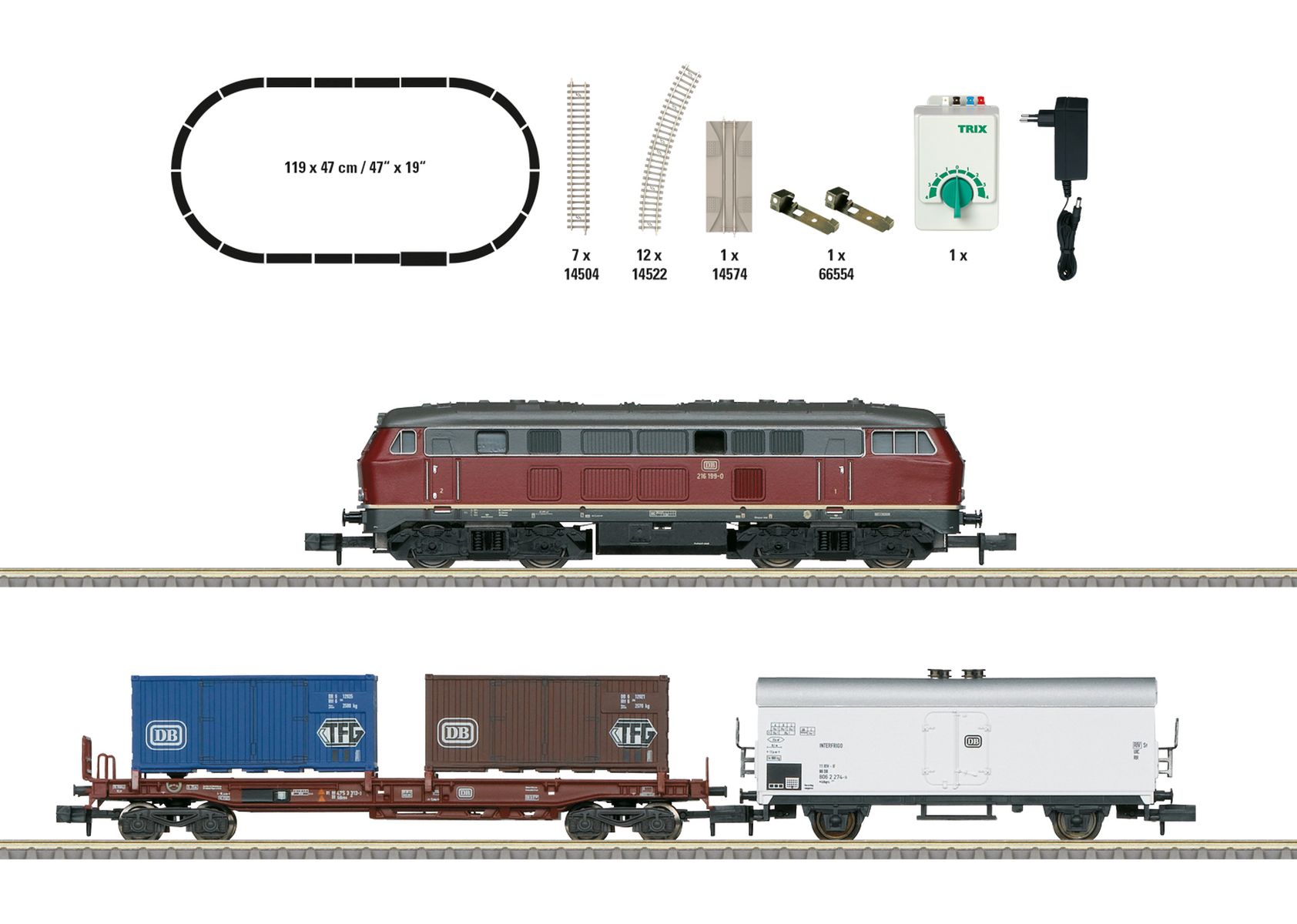 Trix 11146 - Analoges Startset mit BR 216 und Güterzug, DB, Ep.IV, Betonschwellengleis