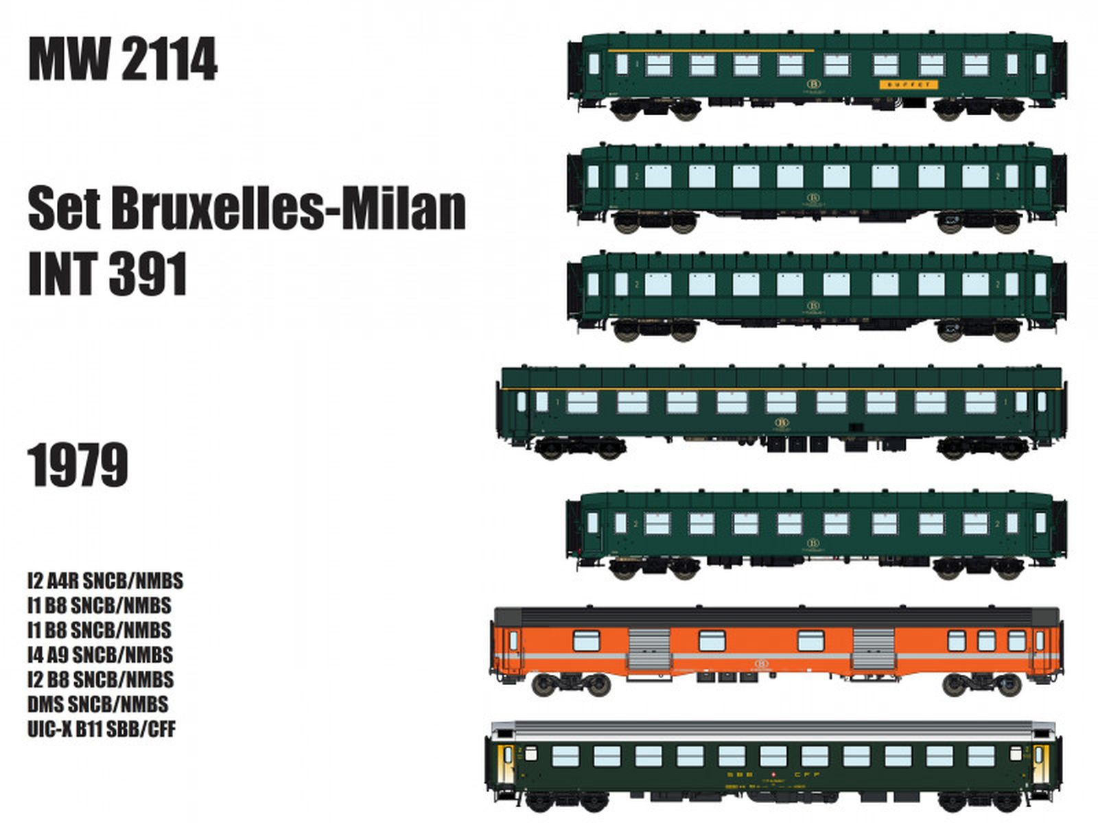 L.S. Models MW2114 - 7er Set Personenwagen, Brüssel-Mailand, SNCB, SBB, Ep.IV