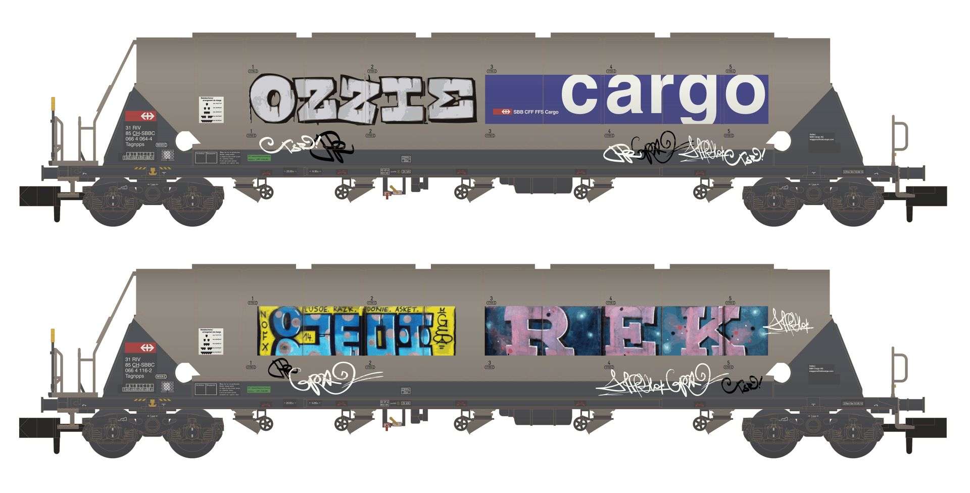 Hobbytrain H23478 - 2er Set Silowagen Taggnpps, SBB-Cargo, Ep.VI, Graffiti