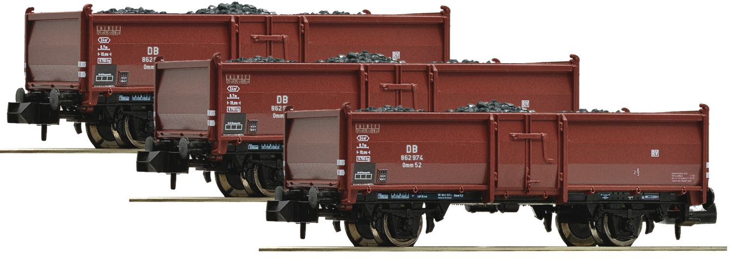 Fleischmann 820530 - 3er Set Offene Güterwagen mit Kohlelladung Omm52, DB, Ep.III