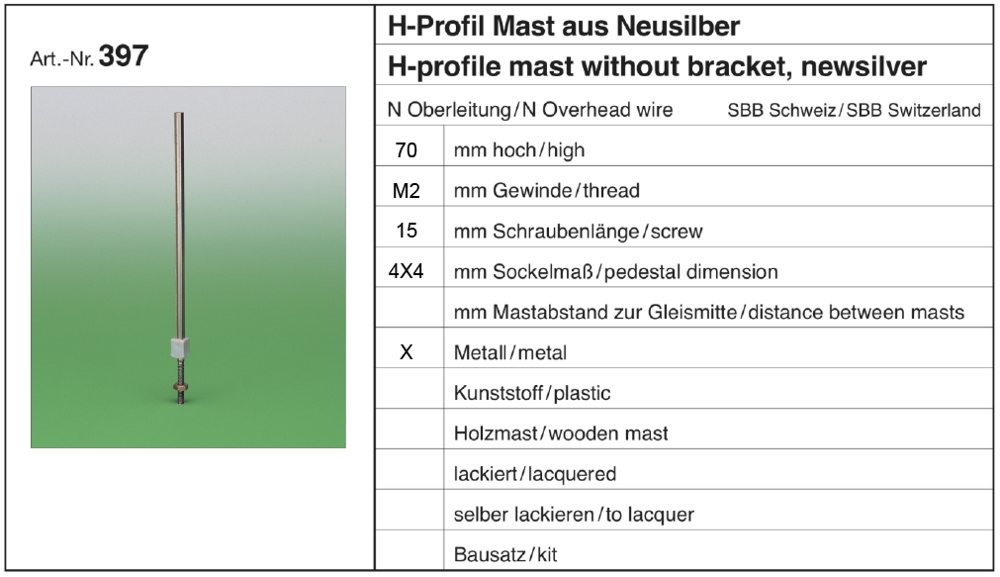 Sommerfeldt 397 - 5 H-Profil-Masten, 70mm hoch, Neusilber