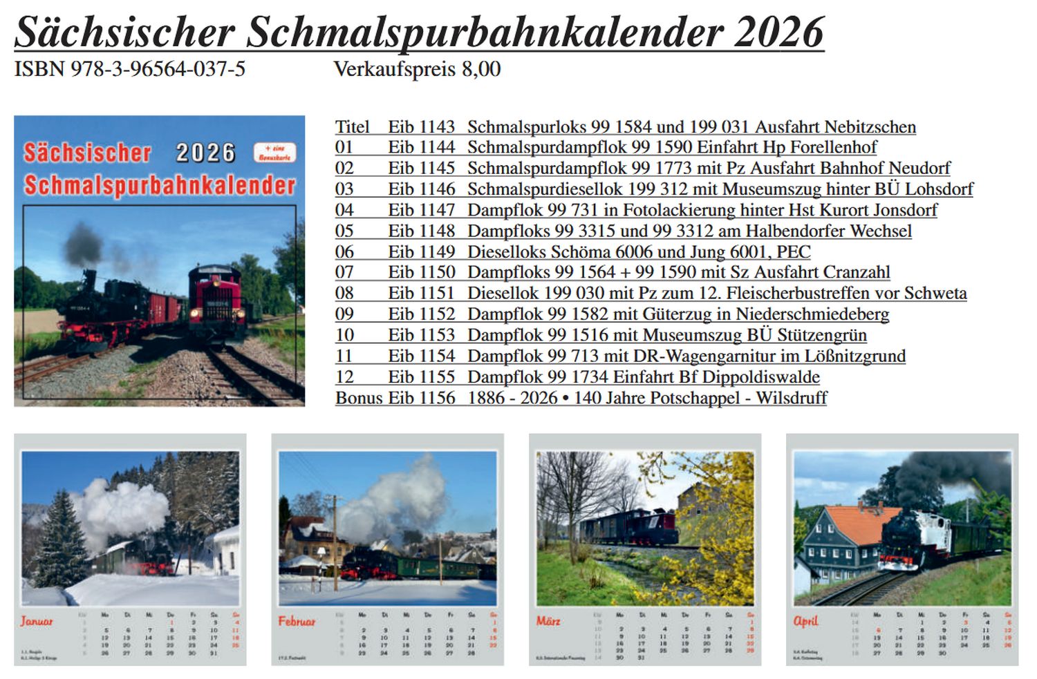 Böttger 96564-037 - Sächsischer Schmalspurbahnkalender - 2026