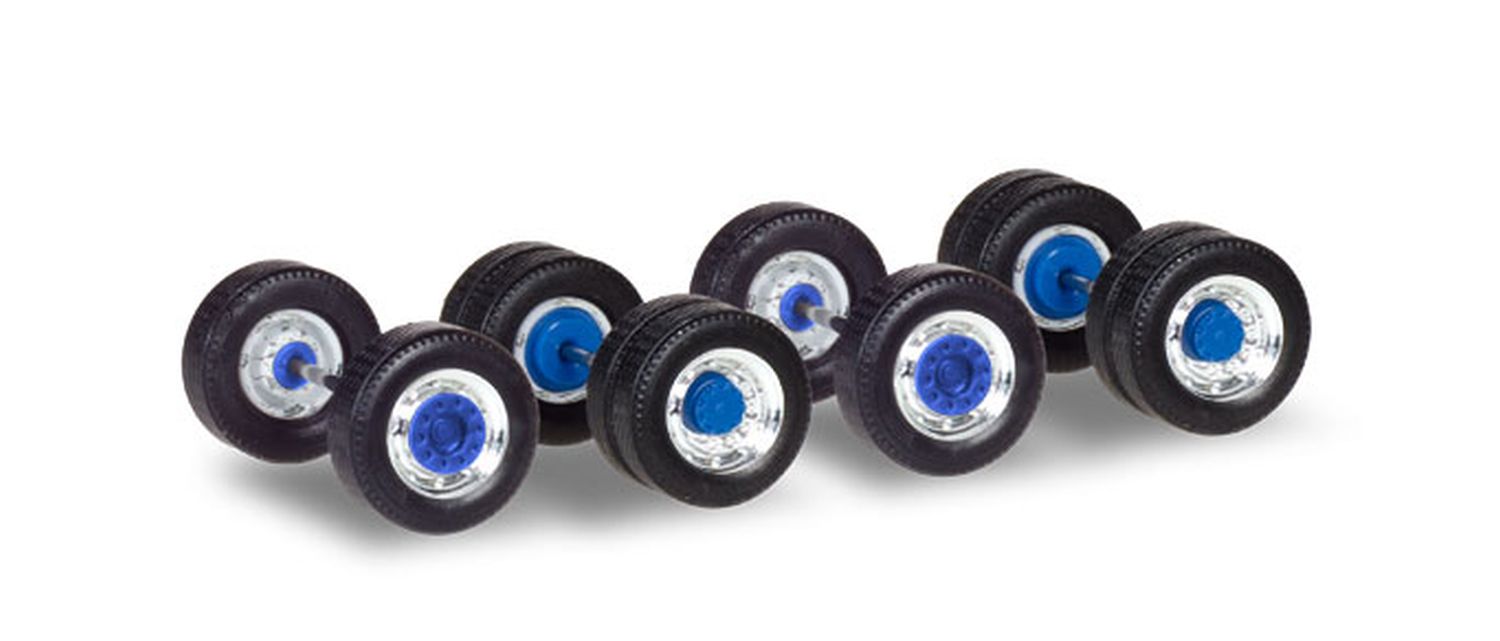 Herpa 053907 - 12 Radsätze für Zugmaschinen mit Breitreifen, chrom/blau