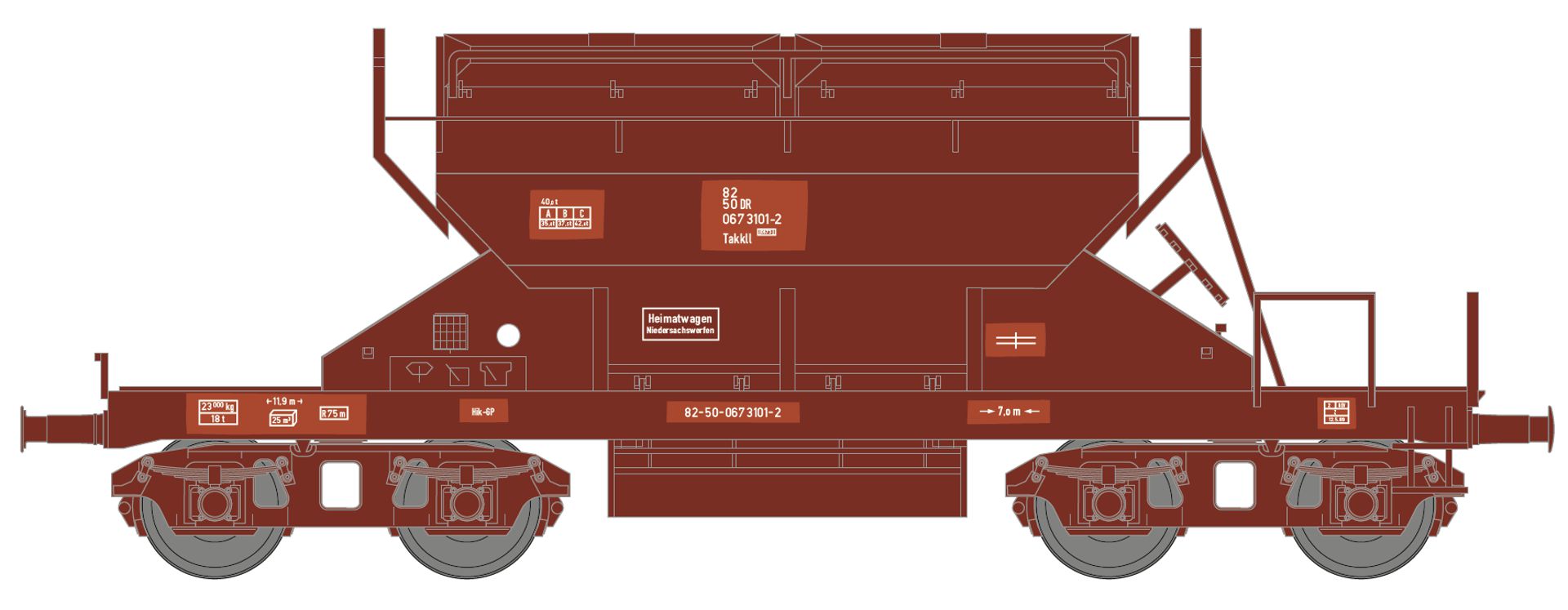 Hädl 25127-2 - Sattelboden-Selbstentladewagen Takkll, DR, Ep.IV, 3101-2, RAL 8012, Flicken