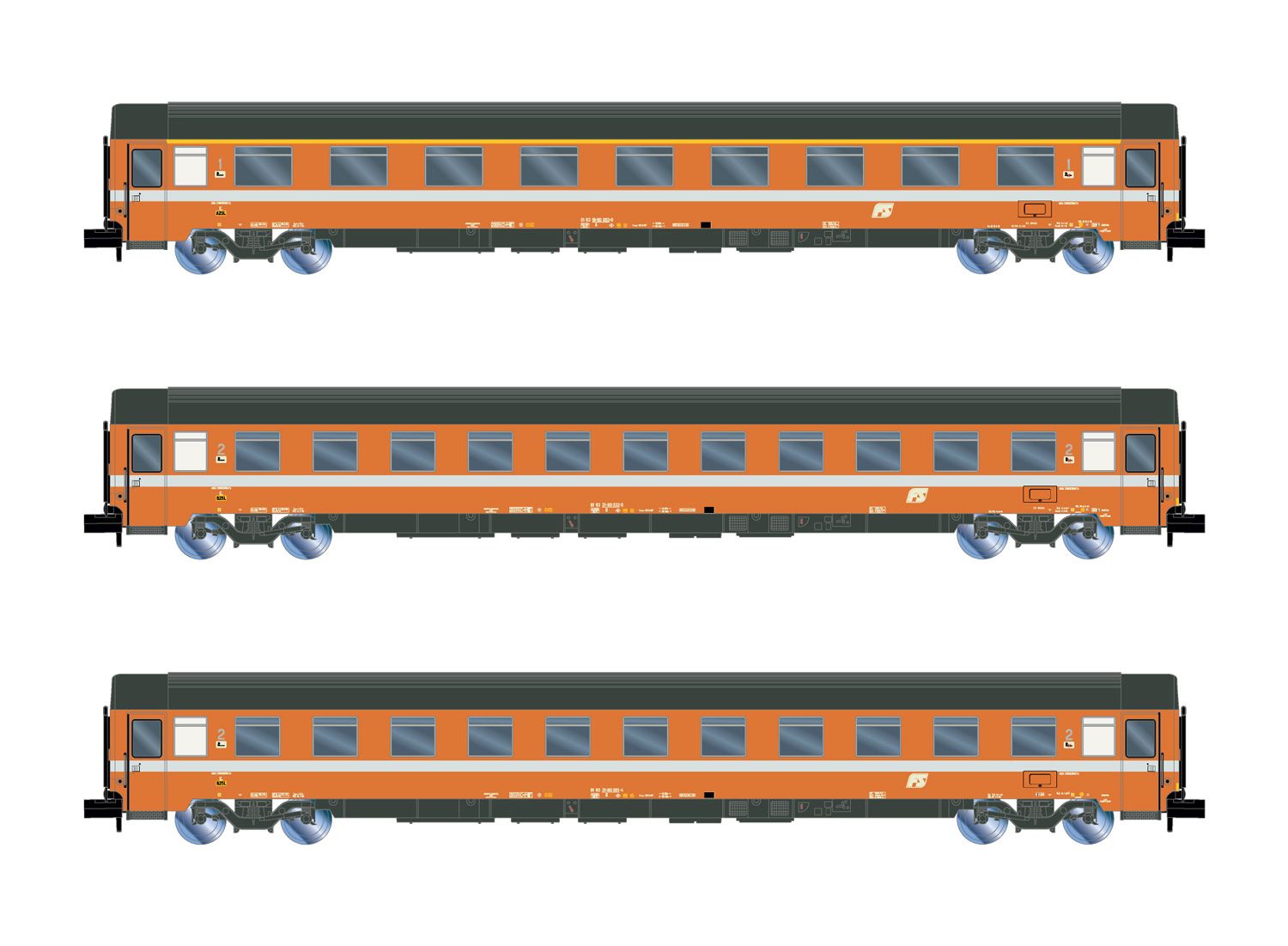 Arnold HN4395 - 3er Set Personenwagen UIC-Z Eurofima, FS, Ep.IV-V 'C1-Lackierung'