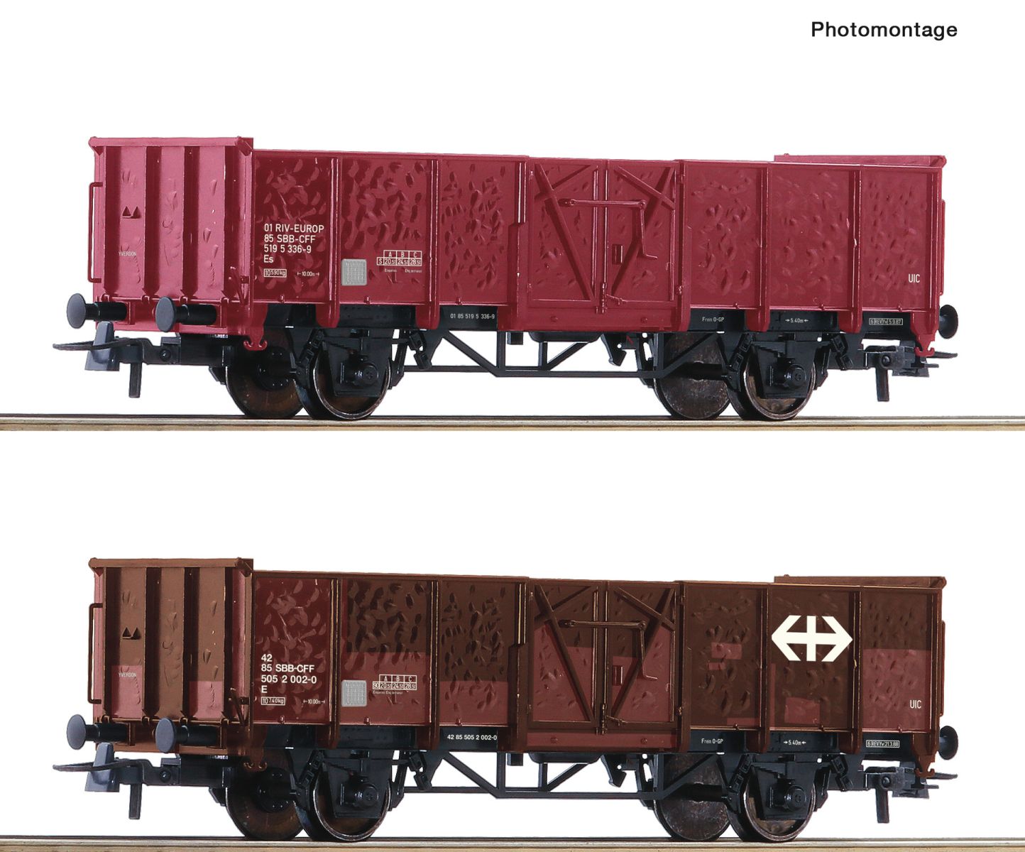 Roco 77034 - 2er Set Offene Güterwagen Es und E verbeult, SBB, Ep.IV-V