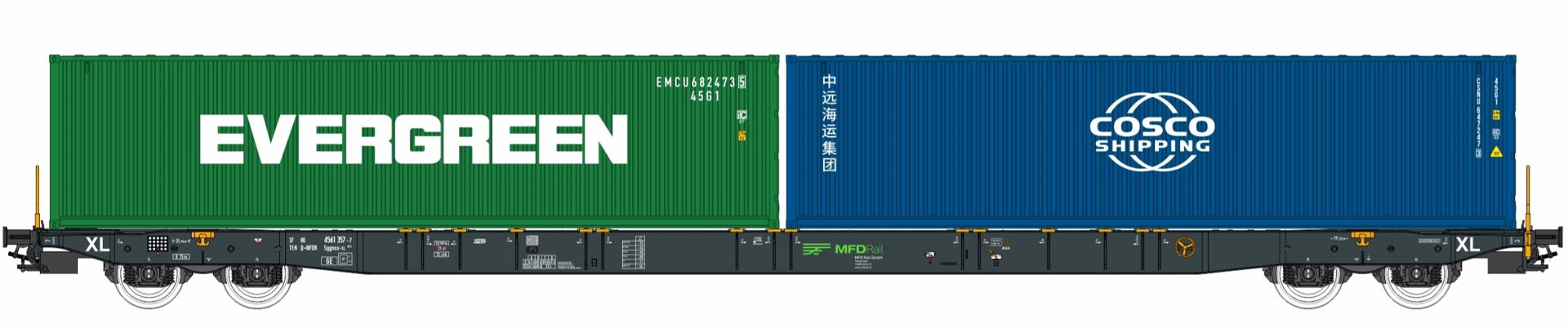 igra 96010075 - Containertragwagen Sggnss-XL, MFD, Ep.VI 'EVERGREEN, COSCO'
