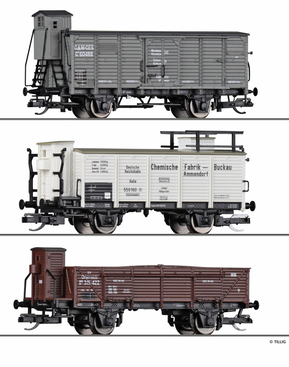Tillig 01053 - 3er Set Güterwagen, CES, DRG, BBÖ, Ep.II