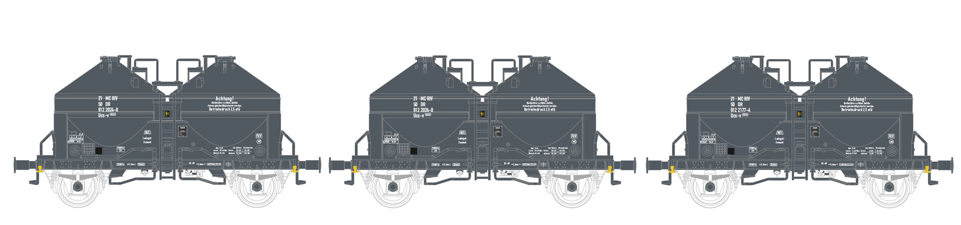 Tillig 502353 - 3er Set Zementsilowagen Ucs-v 9122 dunkelgrau, DR, Ep.IV