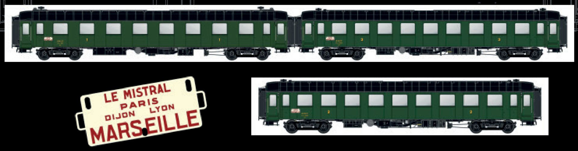L.S. Models MW1002-1 - 3er Set Personenwagen 'PARIS-NIZZA', SNCF, Ep.III, mit Innenbeleuchtung L.S. Models MW1002-1 - 3er Set Personenwagen 'PARIS-NIZZA', SNCF, Ep.III, mit Innenbeleuchtung