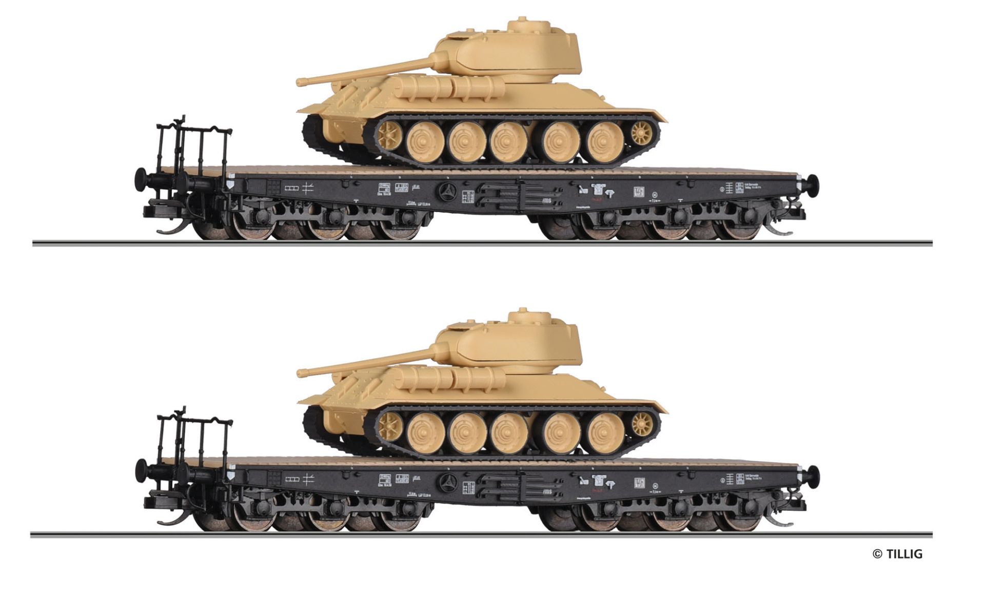 Tillig 01801 - 2er Set Schwerlastwagen Ssyms mit Panzern T34/35, DR, Ep.III