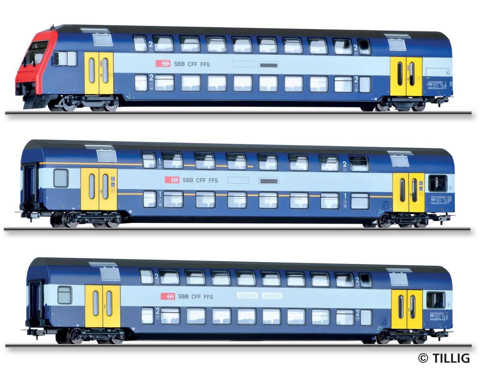 Tillig 70065 - 3er Set Doppelstockwagen mit Steuerwagen, SBB, Ep.V