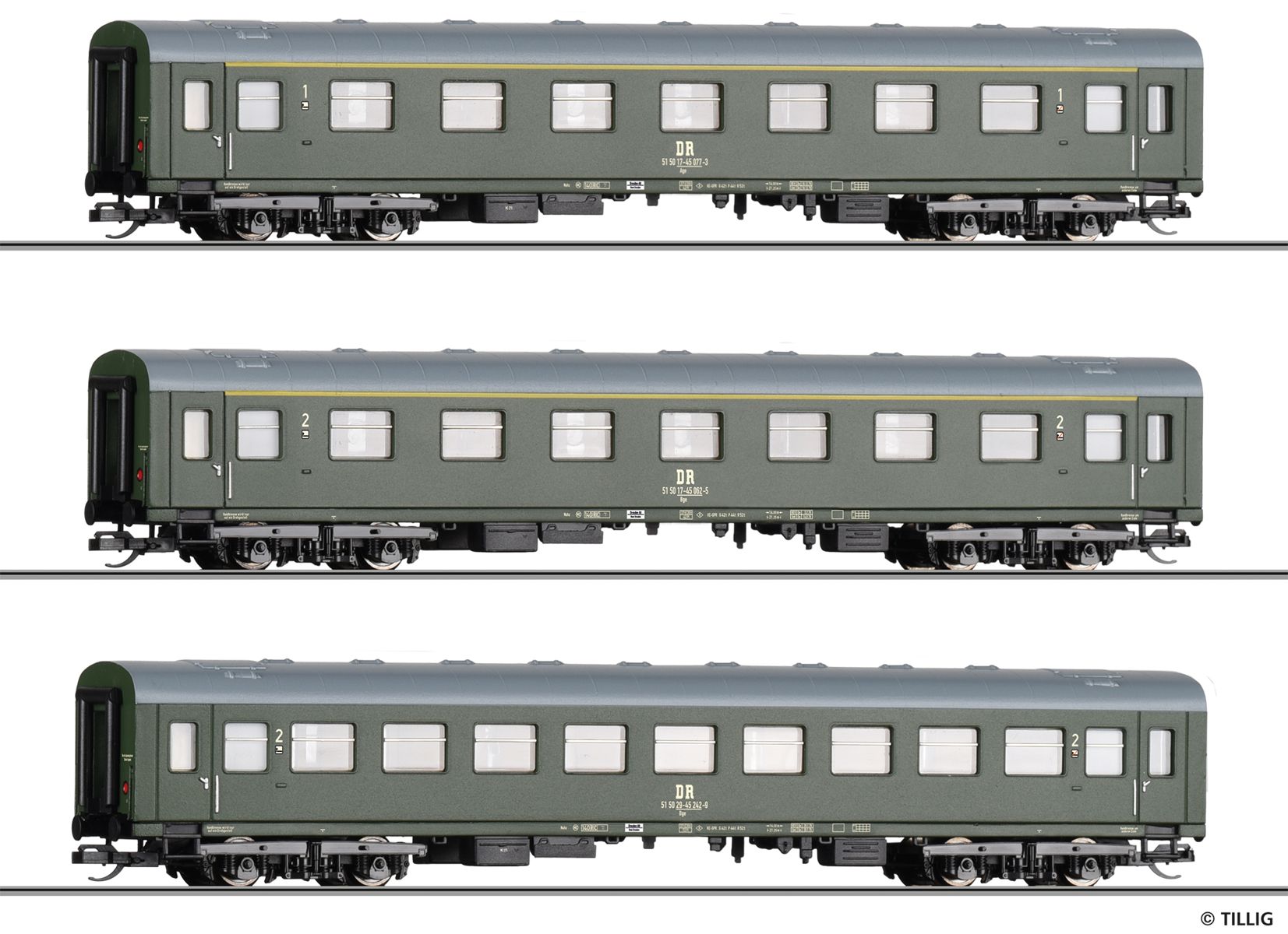 Tillig 502360 - 3er Set Modernisierungswagen 1. und 2. Klasse, DR, Ep.IV, Set 1