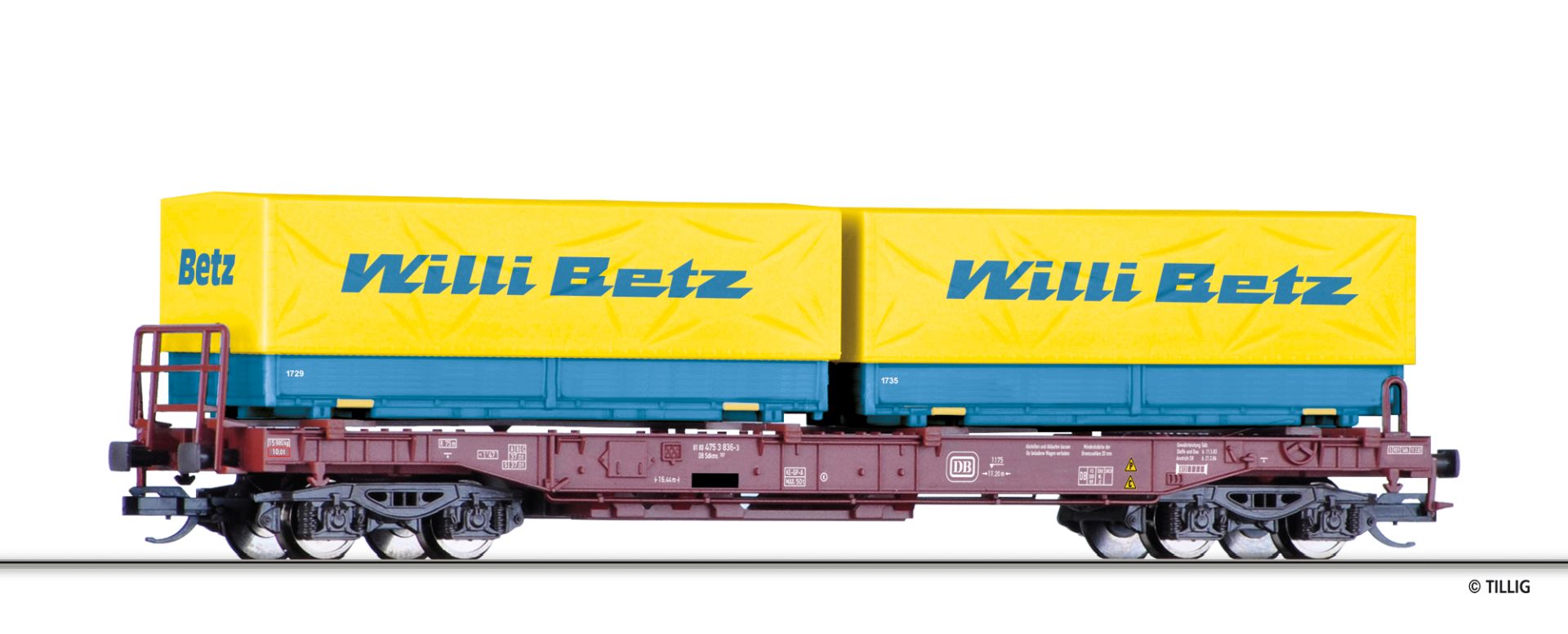 Tillig 18158 - Taschenwagen Sdkms 707 mit Wechselbehältern 'Willi Betz', DB, Ep.IV
