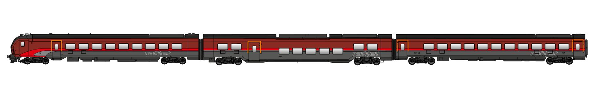 Jägerndorfer JC72302 - 3er Set Personenwagen Railjet, ÖBB, Ep.VI, High-End-Edition, DC-Sound