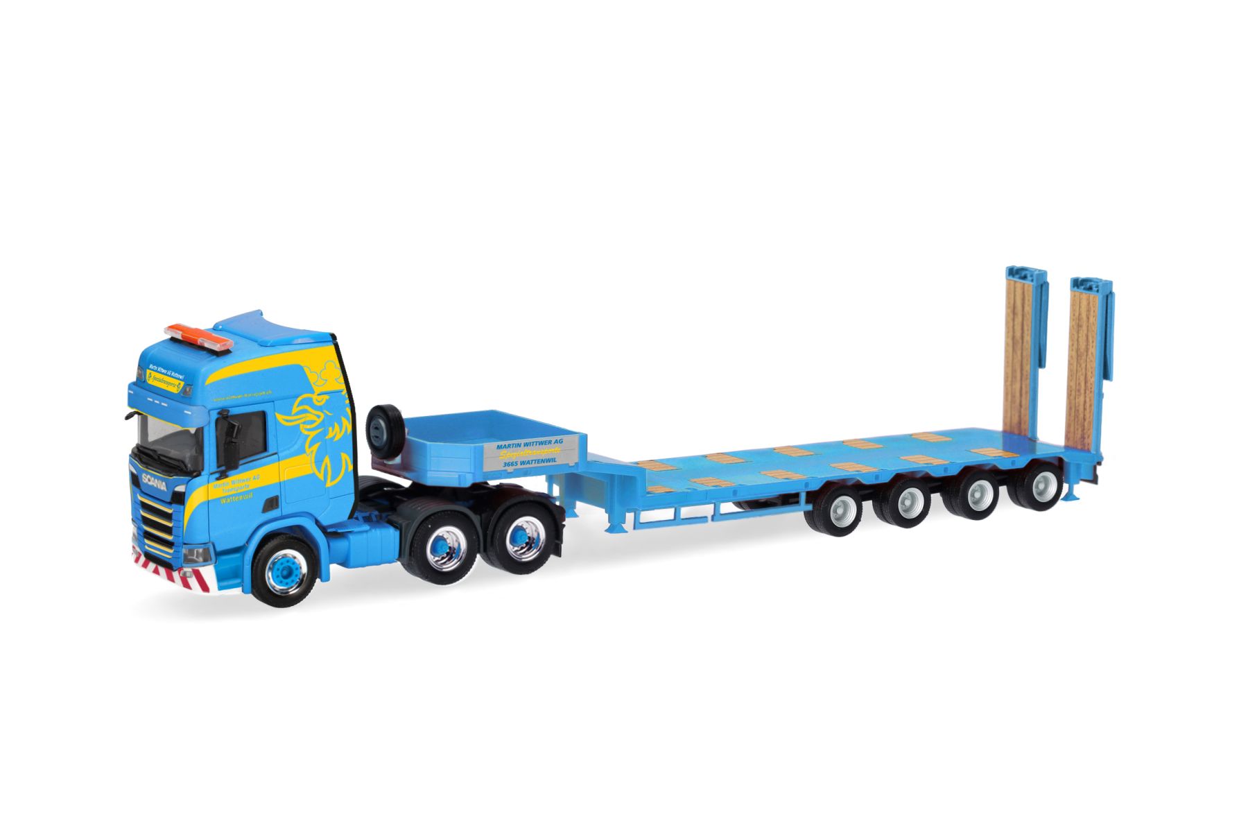 Herpa 318884 - Scania CR 20 HD Semitieflade-Sattelzug mit Rampen "Martin Wittwer Wattenwil"